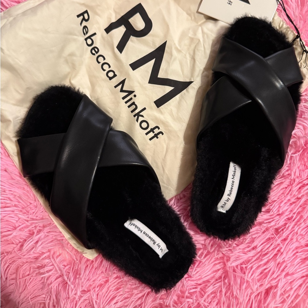 Rebecca Minkoff Black Cross Strap Fur Slippers